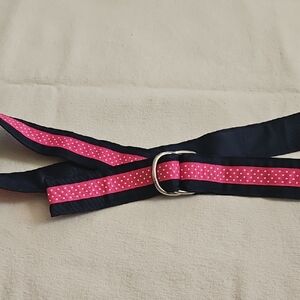 Leather Man Navy And Pink Polka Dot Grosgrain D Ring Women's Belt